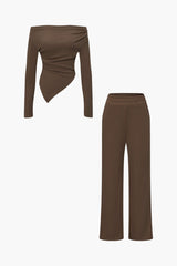 Daniela | Elegantes Zweiteiler-Set mit Asymmetrischem Oberteil & Weiten Hosen – Kaffee