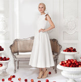 Scarlett - Gerafftes Midi Partykleid in leuchtendem Rot – Weiß