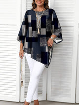 Nurit - Karierte Oversize Bluse Mit Kurzarm Und Drucken – Blau