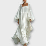Elviera – Fließendes Maxikleid mit Falten und Ballonärmeln – Weiß