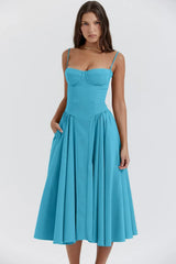 Cheri - rückenfreies Midi-Sling-Kleid für Damen – Navy blau