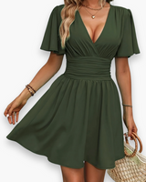 Damen Elegantes Gerafftes Kleid | V-Ausschnitt Midi – Grün
