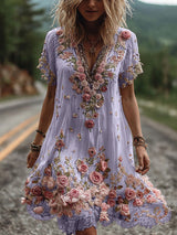 Giselda - blumenbesticktes Kleid – Lila
