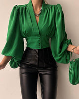 Nova - Geometrische Bluse mit Puffärmeln – Grün