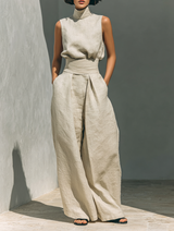 Maria – Set aus Tanktop und weiten Hosen aus Baumwolle und Leinen im minimalistischen Stil für Damen – Kaki