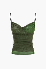 Janet | Spaghettiträgern Bodycon Mesh-Camisole mit Drapierung – Grün