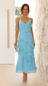 Elegantes Rüschen-Midikleid – Blumenmuster, Leicht, Sommer Chic – Blau