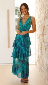 Mylia | Maxikleid mit Volants und Neckholder – Pfauengrün