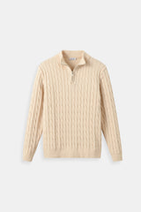 Eleganter Zopfstrickpullover mit Reißverschluss – Beige