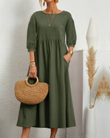 Midikleid mit Rundhalsausschnitt & Laternenärmeln – Selina – Armee grün