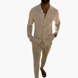 Herren Zweiteiler mit Langarmhemd und Hose für Frühling Sommer – Beige
