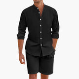 Herren Sommer Zweiteiler aus Leinenmix mit Hemd und Shorts – Schwarz