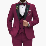Herren Anzug dreiteilig mit Slim Fit und Kontrastrevers – Burgund