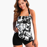 Bedruckter Damen-Tankini mit - Shorts und figurformender Passform – Schwarz/Weiß
