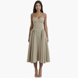 Midikleid Damen – Retro Corsagenkleid mit Trägern Sommer – Khaki