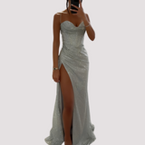Bonnie - Elegantes Maxikleid mit Schlitz – Silber
