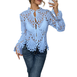 Aurelia | Damen Spitzenbluse Langarm Ausschnitt-Muster Elegant – Blau