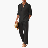 Boho Two-Piece Set for Men - Summer Lace-Up Shirt & Pants – Schwarz