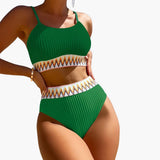 Damen-Bikini-Set mit geripptem Top und Bikinihose mit hoher Taille – Grün