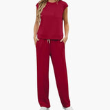 Zweiteiliges Sommer Set für Damen mit Kappärmeln und Taschen – Weinrot