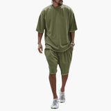 Herren Sommer Zweiteiler mit Kordelshorts und Oversize Shirt – Olivgrün