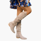 Kniehohe Stiefel - für Damen mit Blockabsatz und Reißverschluss – Beige