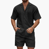 Herren Zweiteiler Set aus leichter Stoff mit Hemd und Shorts – Schwarz