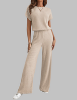 Paula | Damen Rippstrick-Set Kurzarm Top Weite Hose Casual – Aprikose