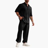 Herren Set mit Kurzarmhemd und langer Hose für Sommer – Schwarz