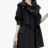 Damen Trenchcoat mit Kapuze und verstellbarer Taille – Schwarz