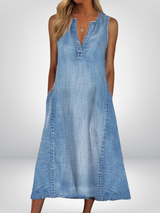 Ärmelloses Jeanskleid in A-Linie mit V-Ausschnitt für Damen – Denim Blau