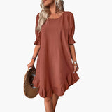 Kleid Damen - Freizeitkleid mit Volants und Puffärmeln Sommer – Braun