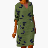 Sommerkleid für Damen - Blättermuster, locker & V-Ausschnitt – Grün