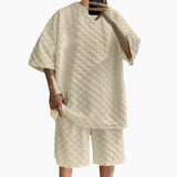 Herren Sommer Zweiteiler mit Jacquard Shirt und Shorts – Khaki