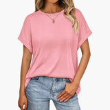 Damen Oversize T-Shirt mit Rundhals und Umschlagärmeln – Rosa