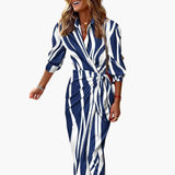 Gestreiftes Hemdblusenkleid – Damen Maxikleid aus Baumwolle – Dunkelblau & Weiß