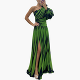 Gestreiftes One-Shoulder - Damen Maxikleid mit Schlitz elegant – Grün