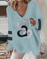 Lässiges top mit langen ärmeln und herz-print – Blau