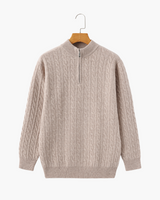 Roman | Chunky knit Herren Chasmere Pullover mit Kabelstrickmuster & Halb Reißverschluss Kragen – Beige
