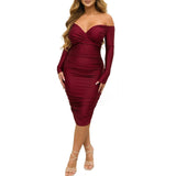 Maddie - Schulterfreies Wickelkleid mit Rüschen für Damen – Dunkelrot
