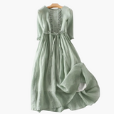 Elegantes langes Kleid für Frauen - Knopfleiste und Bindegürtel – Grün