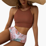 Blumenmuster High-Waist Bikini - Damen Zweiteiler für den Sommer – Braun