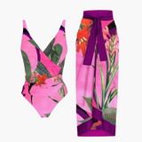 Badeanzug mit Überwurf - Damen Einteiler mit Strandrock – Flamingo