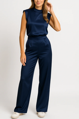 Ellie | Hoher Ausschnitt Weites Bein Jumpsuit – Marineblau