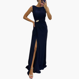 Plissee Maxikleid mit Schlitz - Elegantes Damen Abendkleid – Marineblau