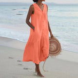 Stylisches Leinenkleid mit V-Ausschnitt – Elara – Orange