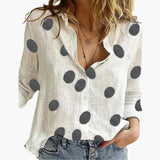Langarm Damen-Bluse - Vintage Stil mit großen Punkten – Weiß mit grauen Punkten