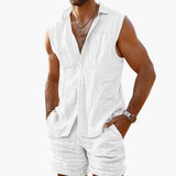Herren Set mit ärmellchem Hemd und Shorts für den Sommer – Weiß
