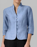 Madeline - Damen-Leinenbluse mit Stehkragen – Hellblau