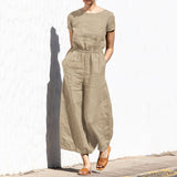 Gerader Jumpsuit mit Falten am Revers ohne Gürtel - Nora – Khaki Kurzarm